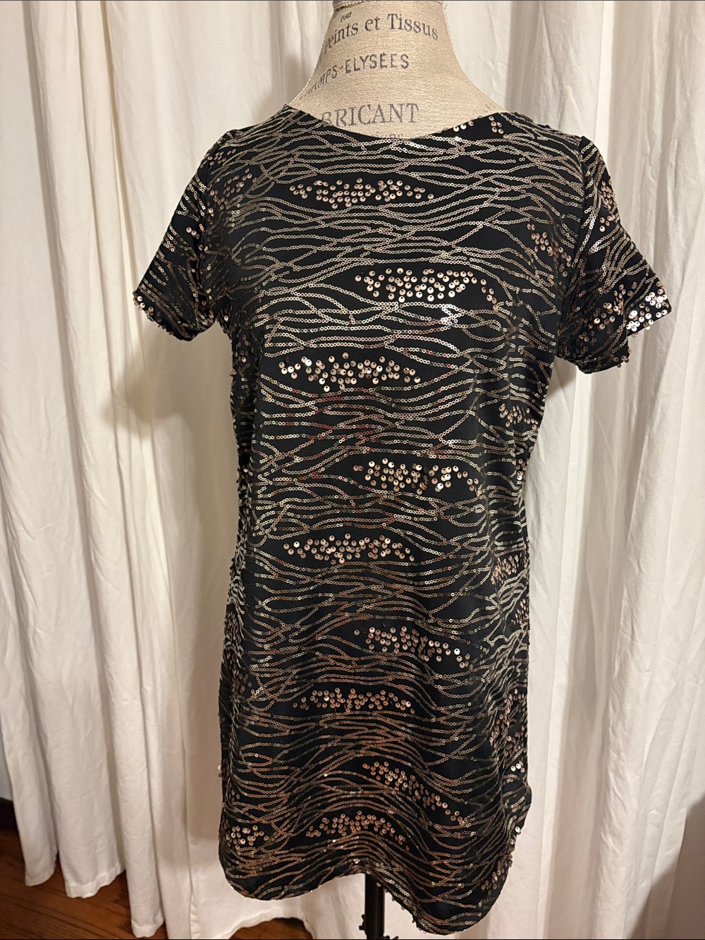 Haley Solar Sequin Short Sleeve party mini dress - Black & Gold-Sz S cocktail